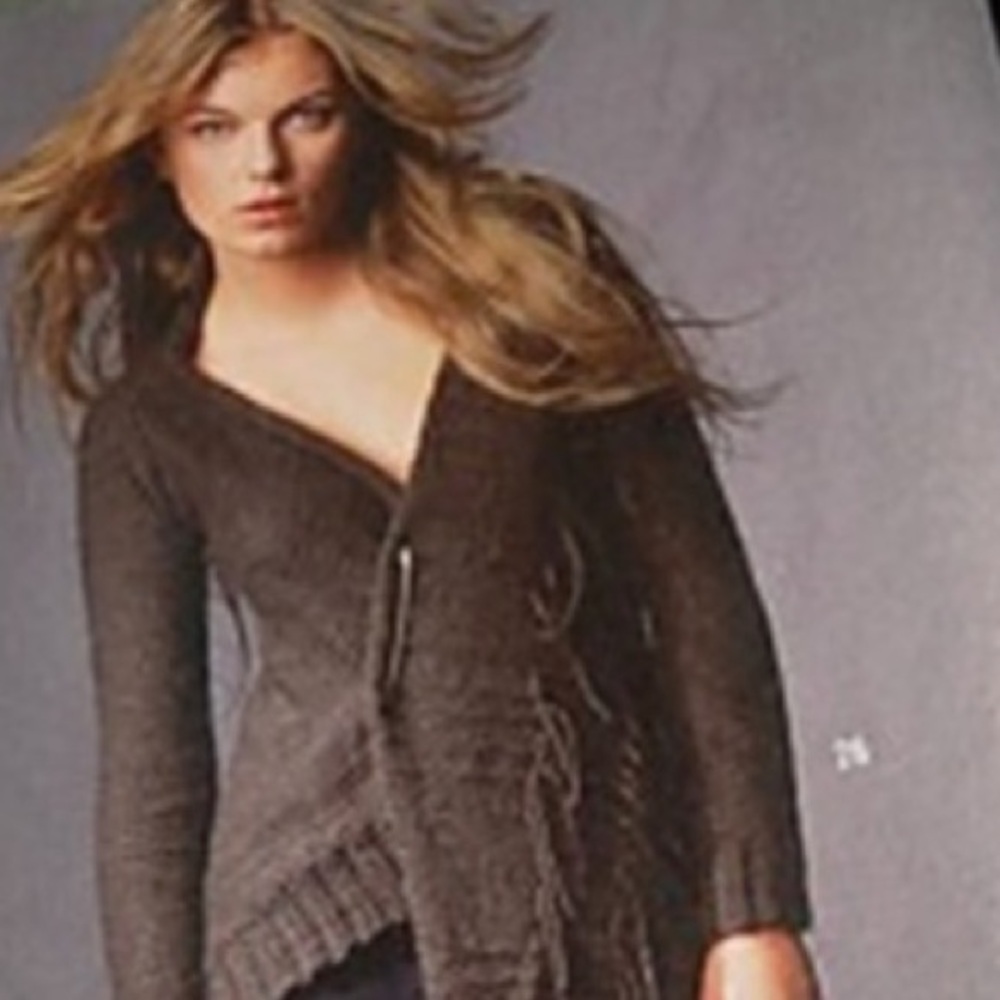 Tom Scott Long Sleeve Wrap Fringe Asymmetrical Chunky Sweater Cardigan S Brown